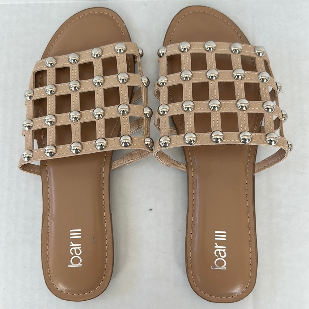 Size 10 Bar III nude sandal with studded woven detail